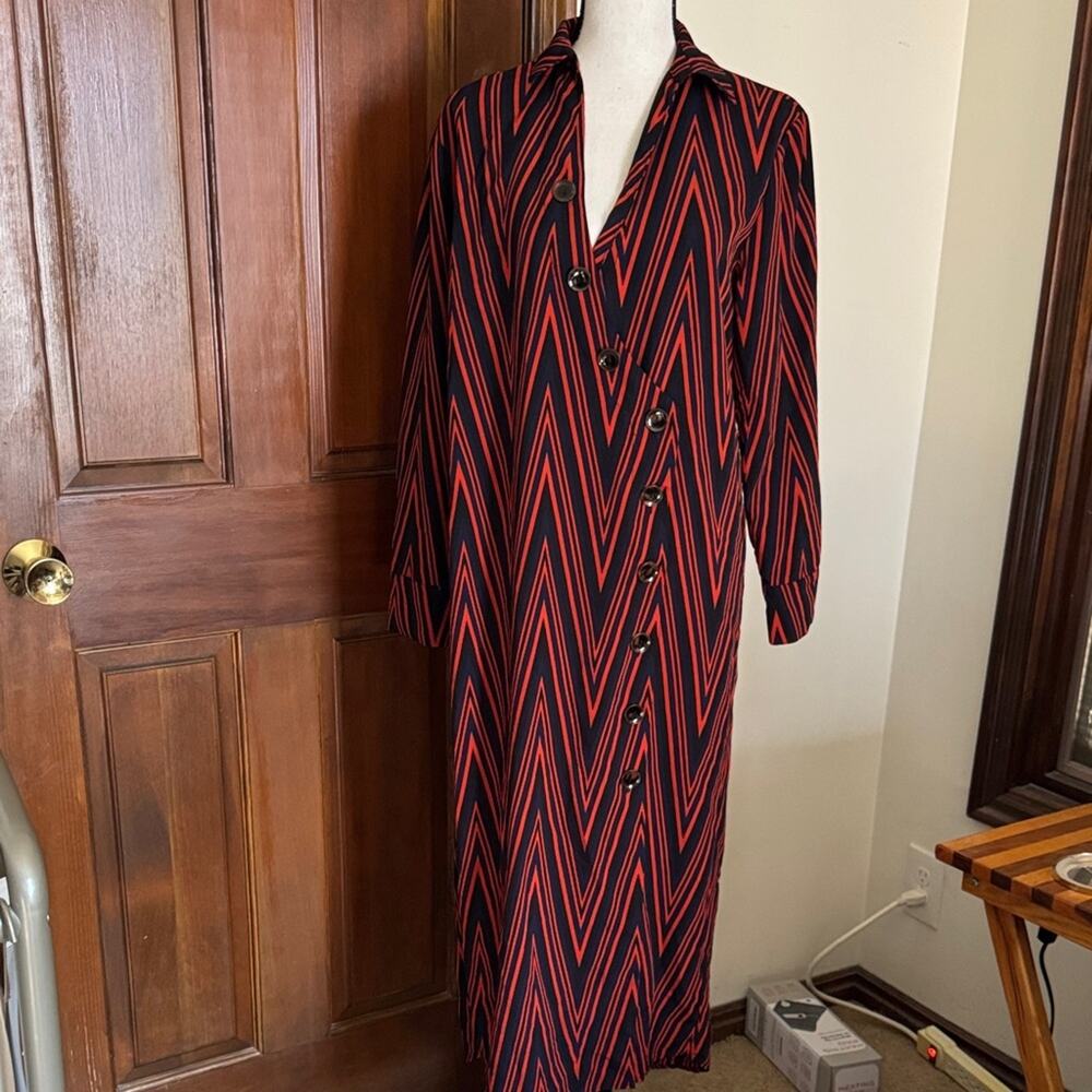 Top Shop | Blue and Red Chevron Button Front Midi Dress Size 6 - Picture 4 of 13